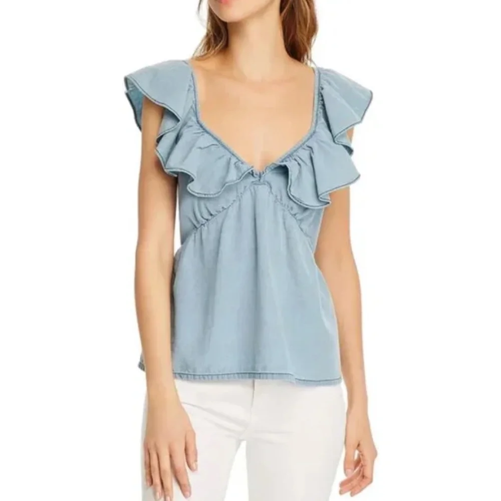 FRENCH CONNECTION 100% COTTON Light Blue Tank Top Ruffled Sleeves Size 2 NWT - Picture 1 of 4